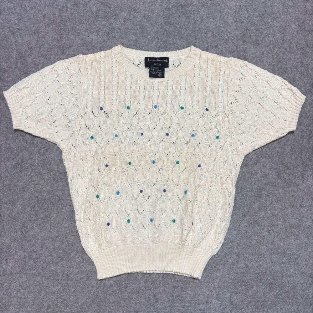 James Kenrob by Dalton Vintage Pointelle Knit Short Sleeve Sweater Ivory Dot 12
